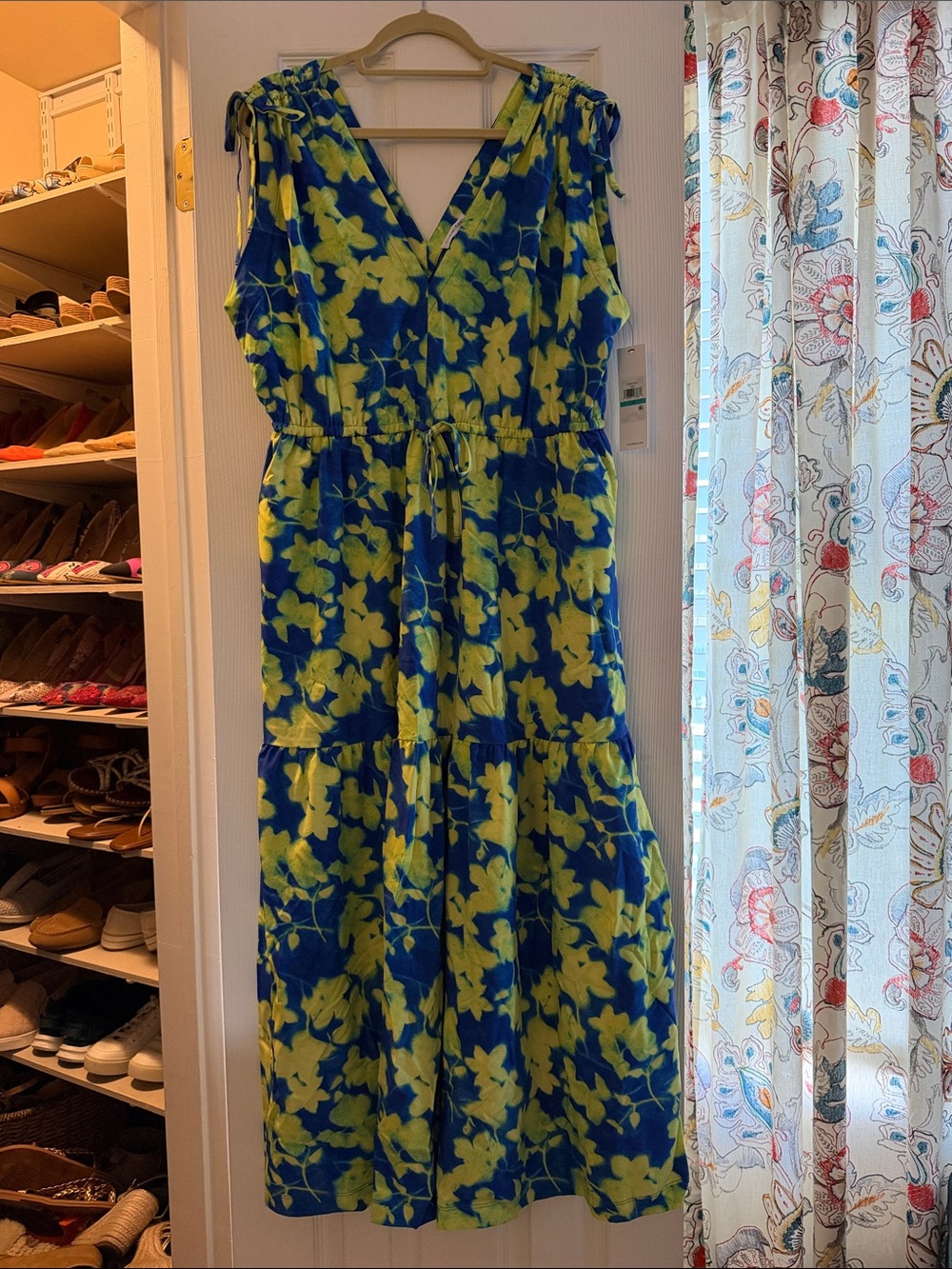 Calvin Klein Blue and Yellow Floral Tie-Waist Maxi Dress